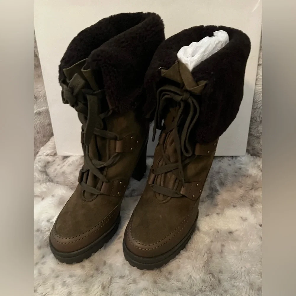 SEE BY CHLOE VERENA PLATFORM GENUINE SHEARLING LINED LACEUP BOOT MSRP $555 SAGE